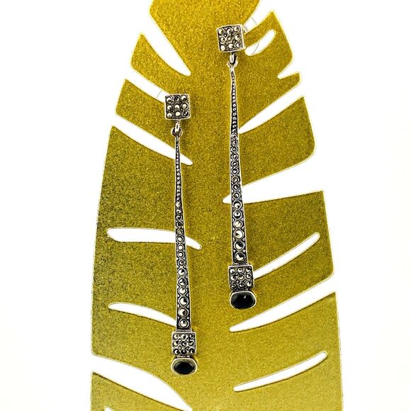 Vintage Marcasite Black Onyx Sterling Silver Dangle Earrings 2 3/8" Sticks Bars - Picture 5 of 5